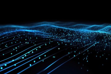 Poster - Futuristic technology wave background with glowing particles. 3d rendering, Glowing blue lines and an abstract data system on a black background representing a complex data flow, AI Generated
