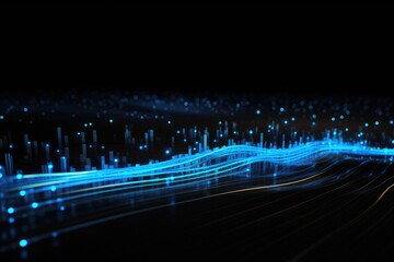 Poster - Abstract technology background with glowing lines and bokeh. Vector illustration, Glowing blue lines and an abstract data system on a black background representing a complex data flow, AI Generated
