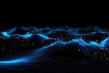 Poster - Futuristic technology wave background. Big data visualization. Graphic concept for your design, Glowing blue lines and an abstract data system on a black background representing, AI Generated