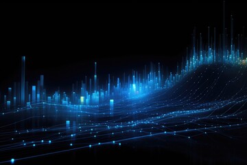 Poster - abstract technology background with glowing lines and bokeh. 3d rendering, Glowing blue lines and an abstract data system on a black background representing a complex data flow, AI Generated