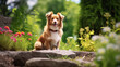 Red border collie dog sitting on stone in summer garden. Pet portrait