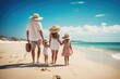 © Ifti Digital - happy family with two kids walking on tropical sand beach at summer vacation, Happy family enjoying together on beach on holiday vacation, AI Generated