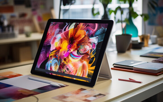 Tablet screen mockup with digital art work design, user friendly app concept