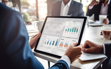 Tablet screen with charts and graphs in the hands of a businessman in a suit in the office, statistics and business reports concept