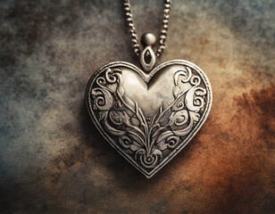 Wall Mural -  Silver heart pendant necklace on grunge background. Valentines Day concept.