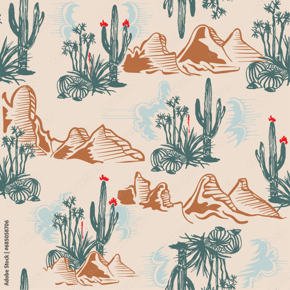 Western Desert Cactus Mountains Vector Seamless Pattern Design ...
