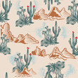 © sumonsharif - Western Desert Cactus Mountains Vector Seamless Pattern Design, Seamless pattern vector summer cactus on desert, summer tropical pattern background with cactuses, surface textures, textile. Isolated o