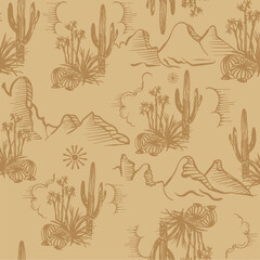 Wall Mural - Desert Hand drawn Pattern, Cactus Patterns, Mountain patterns, vintage desert pattern , Desert Vibes t-shirt pattern print design, 