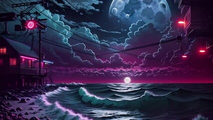 Wall Mural - Futuristic seascape animation, night panorama with a big planet on the horizon. Clouds, neon lights and seascape. AI generated animation with transformations