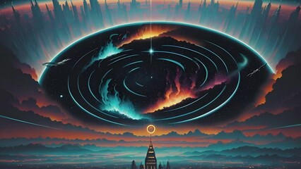 Wall Mural - Futuristic cosmic animation with deep space, galaxy, bright universe. Bright cosmic animation with illustrations transformations, music visualization concept. AI generated video