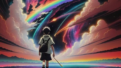 Wall Mural - Boy on background of futuristic cosmic animation. Colorful night sky with stars and galaxies . AI generated cosmic animation with transformations