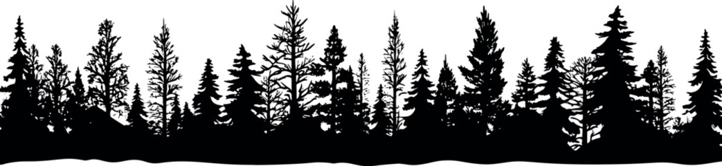 Poster - Set of horizontal silhouettes of coniferous spruce fir trees on a transparent background. Generative AI