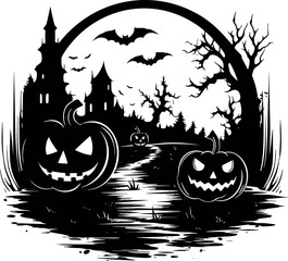 Poster - Halloween icon in black and white; detailed clipart featuring classic spooky elements, set on a transparent background. Generative AI