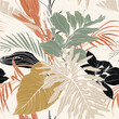 Seamless tropical pattern with colorful leaves and plants. Seamless exotic pattern with tropical plants. Exotic wallpaper. Trendy summer Hawaii print.
