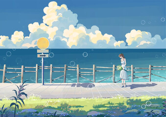 Wall Mural - anime girl on the beach enjoying landscape with lake and clouds original illustration background