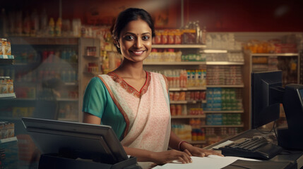 Wall Mural - Indian woman cashier at grocery store