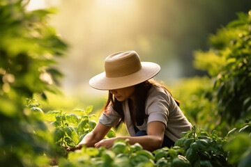 A female farmer works in a field with spinach.Female farmer agronomist works in a field. Selective focus