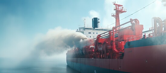 Poster - Large cargo ship s stern emits smoke from its diesel engine combustion while the forward mast of the ship stands tall copy space image