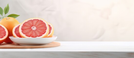 Aufkleber - Fresh and juicy grapefruit sliced on a grey plate on a white kitchen table copy space image