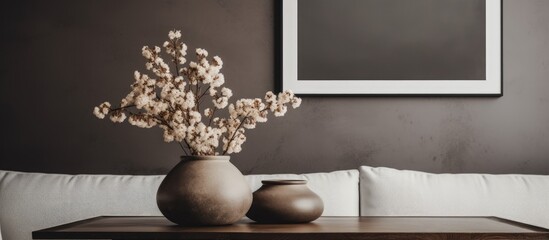 Poster - Grey wall with black and white poster chic living room with stylish coffee table and pottery vase holding brown flowers copy space image