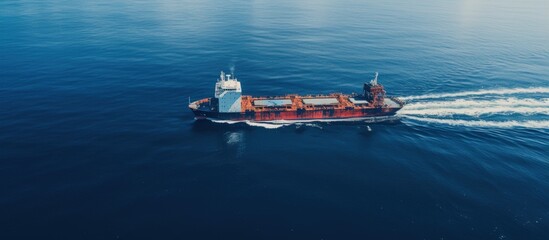 Poster - Drone captures tug boat towing empty barge at sea copy space image