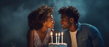 Excited Black Woman Blowing Out Candles On Homemade Biscuit Cake Celebrating Anniversary With Husband African Couple Marking The Day They Met Copy Space Image