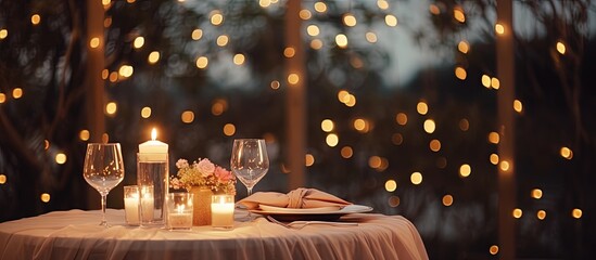 Poster - Intimate proposal spot park tent with candles and garlands copy space image