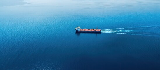 Poster - Drone captures tug boat towing empty barge at sea copy space image