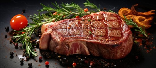 Leinwandbilder - Grilled beef steak seasoned with spices copy space image