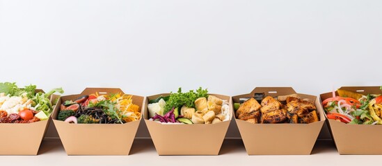 Healthy food delivery for daily nutrition in take away boxes at a restaurant pictured on a white background copy space image