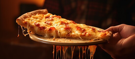 Aufkleber - Customer in Italian restaurant enjoys incredibly cheesy pizza slice copy space image