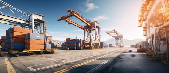 Poster - Gantry crane moves containers from storage to ship bay using a fish eye lens copy space image