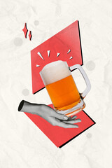 Sticker - Poster banner image collage of arm hold mug tasty fresh light beer isolated on drawing background