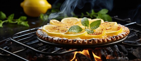 Poster - Grilled lemon pie with homemade zest and fresh lemons copy space image