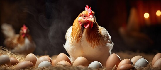 Poster - Hen incubates egg in coop copy space image