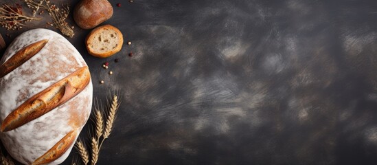 Poster - Freshly baked bread on dark table seen from above copy space image