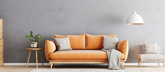 Poster - Ginger sofa with round grey pillow in chic living room copy space image