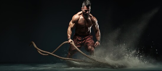 Wall Mural - Fit person doing battle rope exercises seriously captured in full length shot copy space image