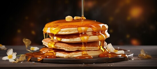 Wall Mural - Fresh pancakes with maple syrup and honey texture copy space image