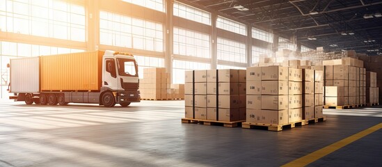 Poster - Load packaging boxes onto pallets and ship them in cargo containers on trucks for logistics in the distribution supply chain copy space image