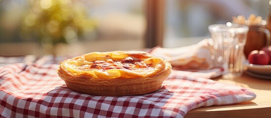 Leinwandbilder - French quiche in a striped napkin placed in a rattan basket with selective focus copy space image