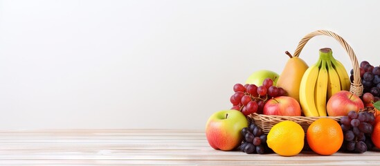 Poster - Fruits in wicker basket on white wooden table copy space image