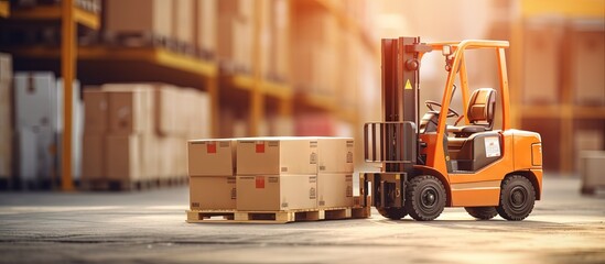 Poster - Forklift driver moving goods from truck to warehouse storage in logistics copy space image