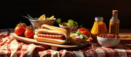 Poster - Hot dogs displayed beautifully with varied textures colors and flavors copy space image