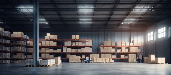Poster - Contemporary shelved warehouse with boxes copy space image