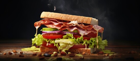 Poster - Lettuce tomato salami hummus and cheese on a sandwich copy space image