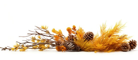 Poster - Dead pine branch and yellow autumn conifer needles isolated on white copy space image