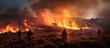 Firefighters handling a massive grassfire in Welsh upland moors copy space image