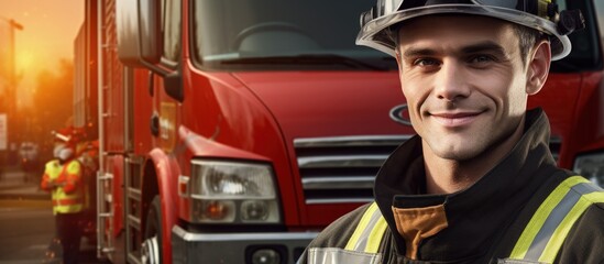 Poster - Happy firefighter by fire truck with gear copy space image