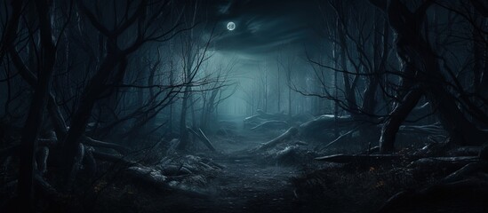 Poster - Fantasy eerie forest at night with surreal ambiance Digital artwork copy space image